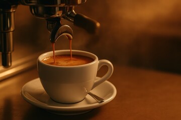 Barista espresso machine pulling rich crema shot into ceramic cup with steam haze