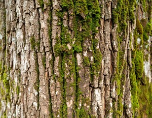 Close-up of textured tree bark covered in moss