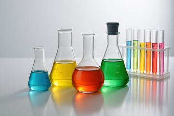 Glass flasks and test tubes with colorful reagents on lab bench with reflections
