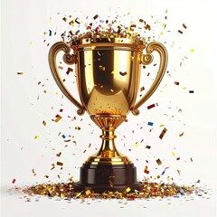 A gleaming gold trophy, with ornate handles, sits on a dark base amidst a flurry of colorful confetti against a white background