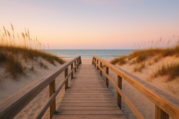 Weathered wooden boardwalk through coastal dunes to calm ocean under pastel sky