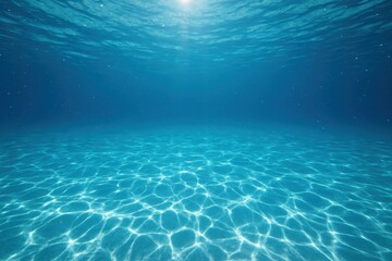 Sunlit underwater blue ocean with caustic rays and suspended bubbles tranquil marine depth