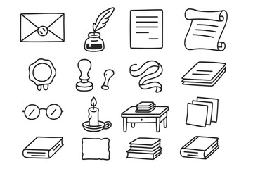 Vintage Desk Essentials. Hand-drawn doodle illustration Vintage correspondence envelope, quill, ink bottle, letter, scroll, wax seal, stamp, ribbon, paper,