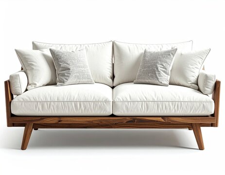Mid-century modern sofa with off-white linen upholstery and dark wood frame, featuring four plush cushions - Powered by Adobe