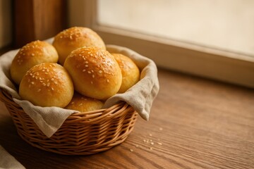 Fresh bakery bread rolls in wicker basket with towel by sunlit window rustic