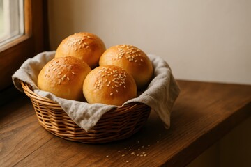 Fresh bakery bread rolls in wicker basket with towel by sunlit window rustic
