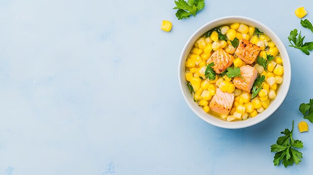 Creamy corn chowder with salmon and parsley garnish in a white bowl