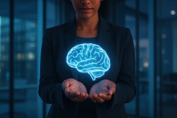 Professional presents glowing digital brain hologram symbolizing AI innovation and insight