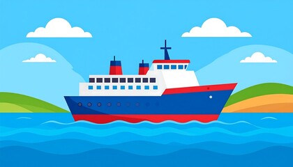 Cartoon ferry on a placid ocean