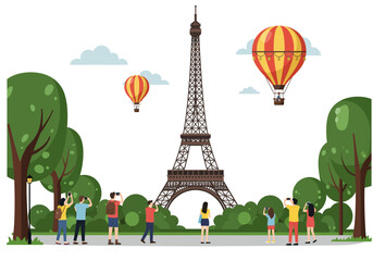 Tourists Taking Photos in Front of the Eiffel Tower with Hot Air Balloons