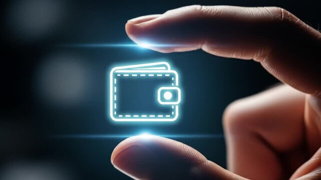 Fintech innovation concept showing a hand interacting with a glowing virtual wallet icon for secure online payments and digital banking