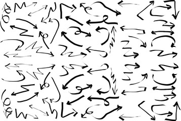 Hand-drawn black doodle arrows in various styles on white background, abstract sketch elements symbolizing direction, navigation, creativity, and motion.

