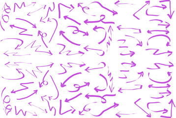 Hand-drawn pink doodle arrows in various styles on white background, abstract sketch elements symbolizing direction, navigation, creativity, and motion.
