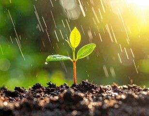 A small sprout emerges from dark soil, bathed in sunlight and gentle rain; vibrant green leaves glisten