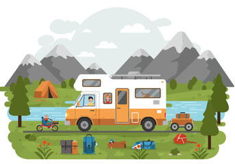 Obraz premium RV Journey with Relaxing Activities near a Lake