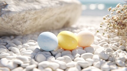 Colorful Eggs on Pebble Beach with Natural Background and Flowers