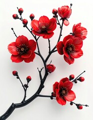 Vivid red blossoms on a dark branch, some open, some in bud, against a stark white background