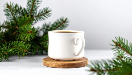 A white coffee cup rests on a wooden coaster, nestled amongst fresh evergreen sprigs on a light gray surface