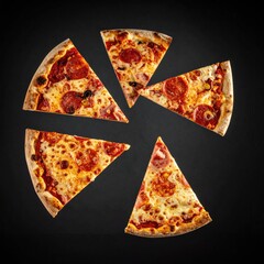 Six pepperoni pizza slices arranged in a circular pattern on a dark background, showcasing melted cheese and visible toppings