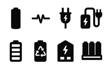 Cobalt Battery Icons. Solid, filled icon set of cobalt battery components: battery cell, electric circuit, power plug, charger, battery gauge,