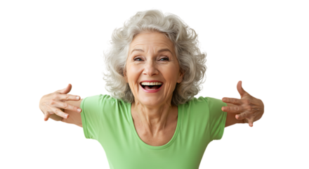 Happy senior woman with open arms and a joyful expression