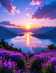 Vibrant sunset over a serene lake nestled between mountains, viewed from a lavender-filled hillside