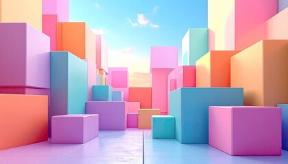 Pastel-colored cubes form a city under a bright sky