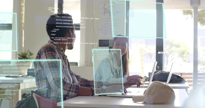 teacher gesturing to laptop in tech lab initiating code overlays as students debugging code - Powered by Adobe