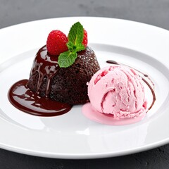Molten chocolate cake, drizzled with ganache, served with a scoop of pink ice cream and fresh raspberries & mint
