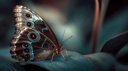 A butterfly with intricate patterns rests on a leaf in a serene natural setting viewed from a close-up perspective