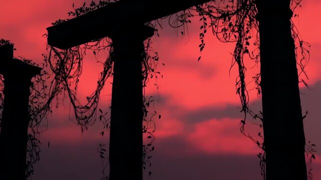 Silhouetted pillars adorned with vines against a vibrant sunset