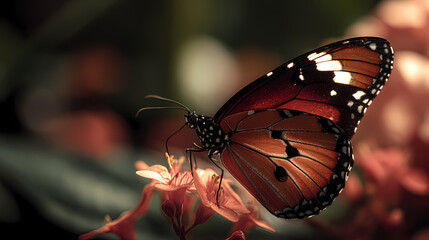 A butterfly perched on a flower, drinking nectar, in a lush garden, with vibrant colors, from a close-up view