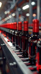 Red wine bottles move along a conveyor belt in a production facility, showcasing the industrial process of bottling and packaging