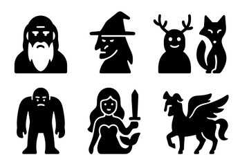 Folklore Icon Set. Solid, filled icon set of folklore tale characters: wise old man, witch, forest spirit, trickster fox, giant, mermaid, hero warrior, magical