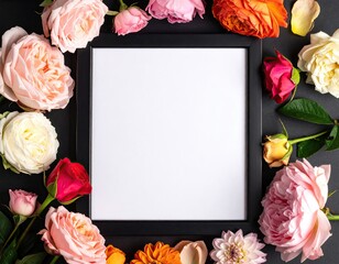 A black frame sits on a dark surface, encircled by a vibrant array of pink, peach, orange, and red roses, plus other assorted blooms and petals