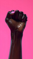 A raised dark-skinned fist, glossy, against a vibrant pink background; one fingernail is painted bright pink