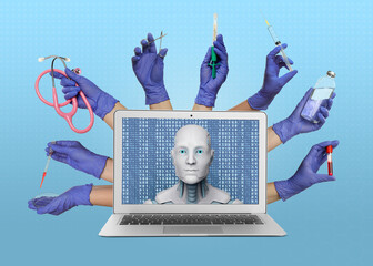 Artificial intelligence medical assistant. Healthcare workers' hands around computer with robot and binary code against light blue background
