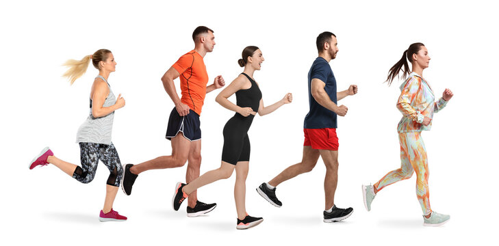 Sporty men and women running on white background, side view