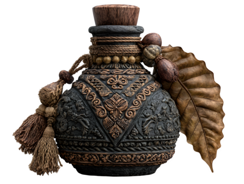 Discover ancient ornate potion bottle with mystical carvings, tassels, and dried leaf, perfect for fantasy, potion brewing, or magical potion themes. Isolated  to Transparent  Background