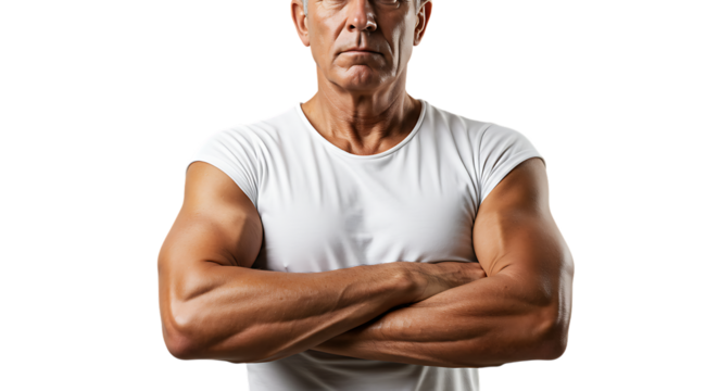 Strong senior man with crossed arms in a white t-shirt against a black background.