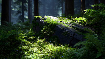 Sun-Dappled Forest Tranquility: A sunlit, moss-covered boulder rests serenely amidst the verdant undergrowth of a towering forest, evoking a sense of calm and the quiet beauty of nature.