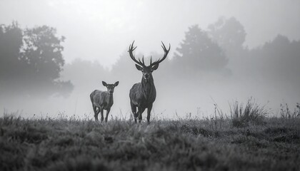 A monochrome image captures a male deer with large antlers and a smaller deer in a misty forest environment. The scene is serene