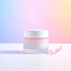 Pastel pink cream jar on white surface against a colorful gradient backdrop, with pink petals nearby