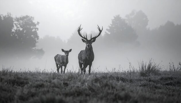 A monochrome image captures a male deer with large antlers and a smaller deer in a misty forest environment. The scene is serene