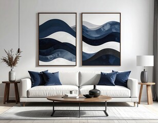Two abstract navy and white wave canvases hang above a white couch with navy blue pillows in a minimalist living room