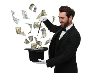 Magician performing trick with money flying out of hat against white background