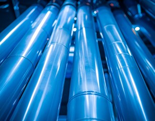 Close-up view of many bright blue pipes