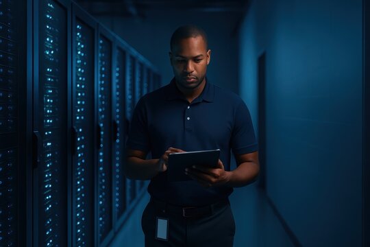 IT administrator walking between server racks checking tablet in modern data center aisle