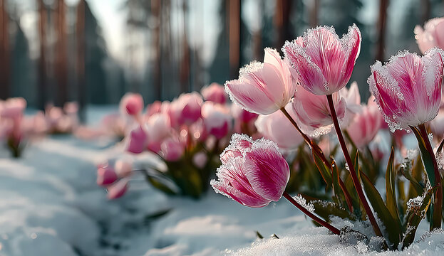 Frozen tulips blooming in a serene winter landscape with snow-covered trees in the background viewed from a low angle