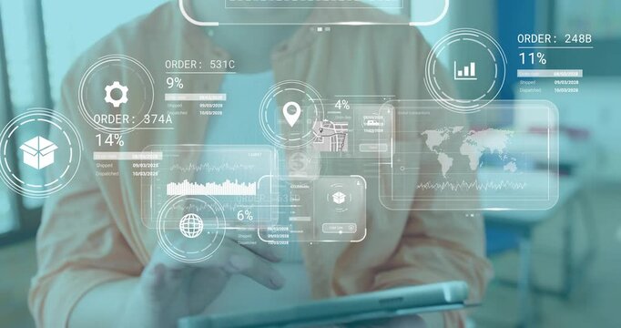 Office woman smiling behind dense holographic data panels after tapping tablet and tracking metrics - Powered by Adobe